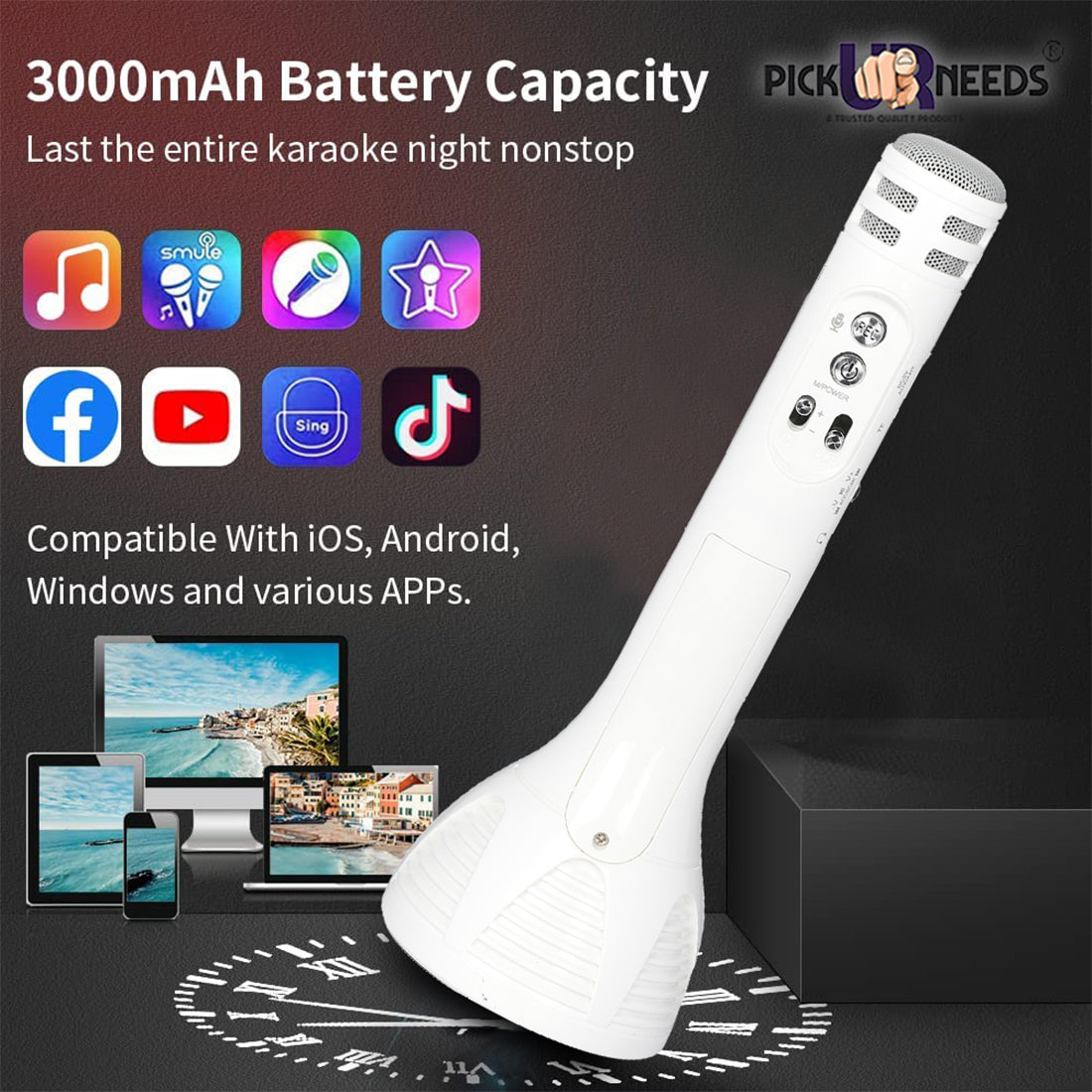 Pick Ur Needs Karaoke Mic with Led Light Wireless Bluetooth Microphone Connection Player Speaker 2-in1 with Recording + USB+FM